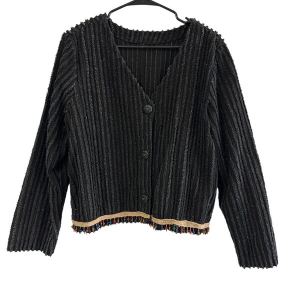 Vtg 80s Black Handmade Chenille Beaded Jacket Blanket Style Womens Size M/L - Picture 1 of 5